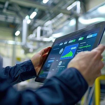 Digitale Analyse von Energieeffizienz in Industrieanlagen Person analysiert Energieverbrauch und Effizienzkennzahlen auf einem Tablet in einer Industrieumgebung