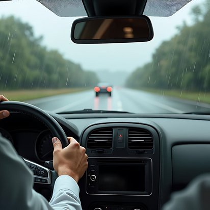Ärztliche Gutachten für die Fahrerlaubnis bei TÜV NORD Blick aus dem Auto auf regennasse Straße, Fahrer hält das Lenkrad mit beiden Händen