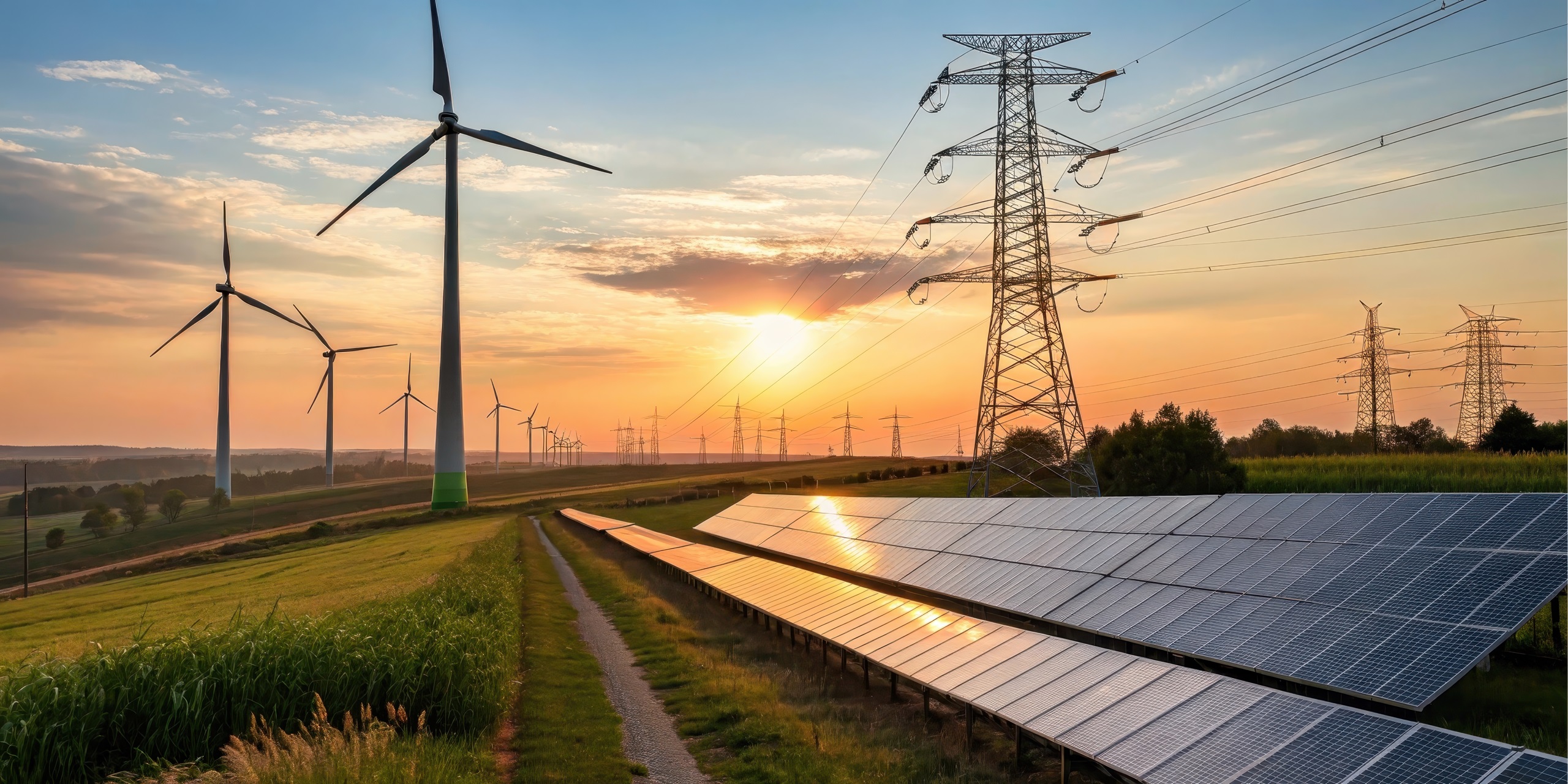 Solaranlagen, Windräder und Strommasten bei Sonnenuntergang auf einem Feld