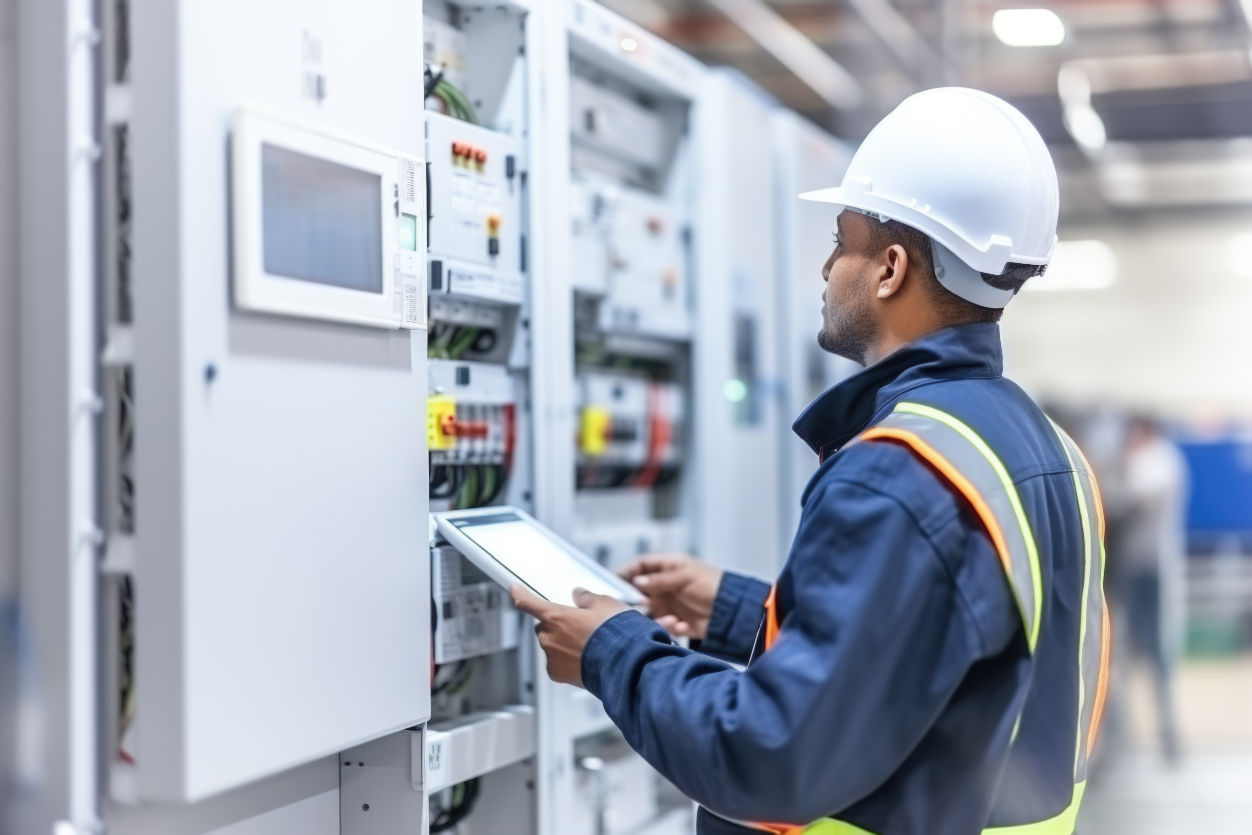 Eine Elektrofachkraft mit Helm und Arbeitsschutzkleidung prüft einen Schaltschrank in einem Industriebetrieb.