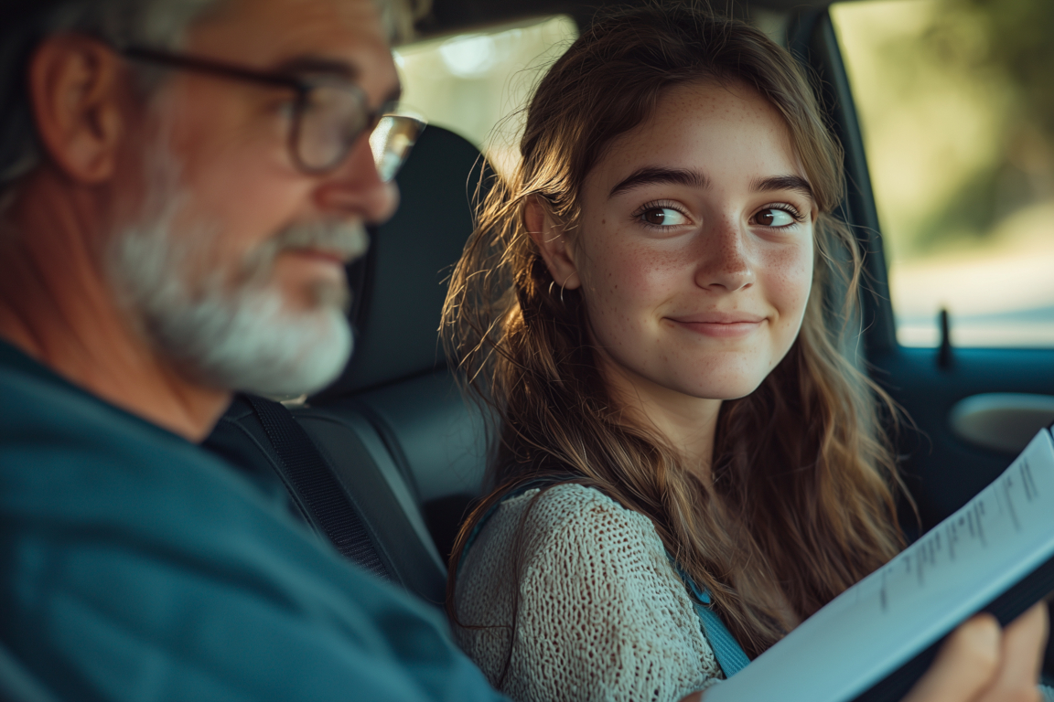 Fahrprüfung im Auto mit Fahrprüfer und Fahrschülerin