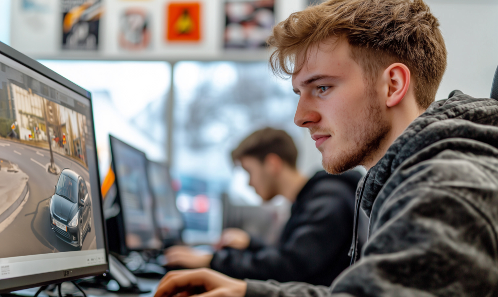 Fahrschüler beantwortet theoretische Führerschein-Fragen am PC