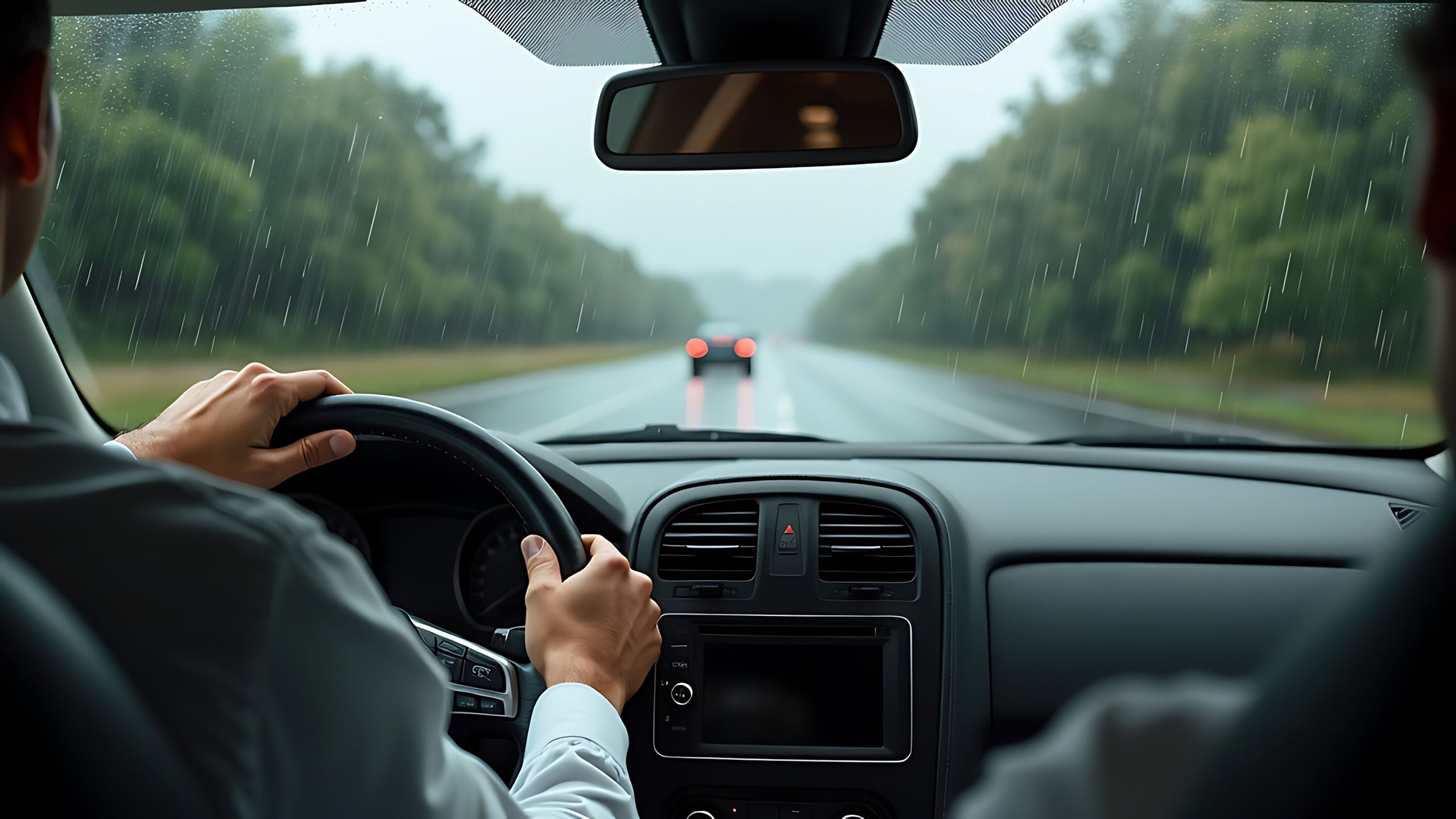 Blick aus dem Auto auf regennasse Straße, Fahrer hält das Lenkrad mit beiden Händen