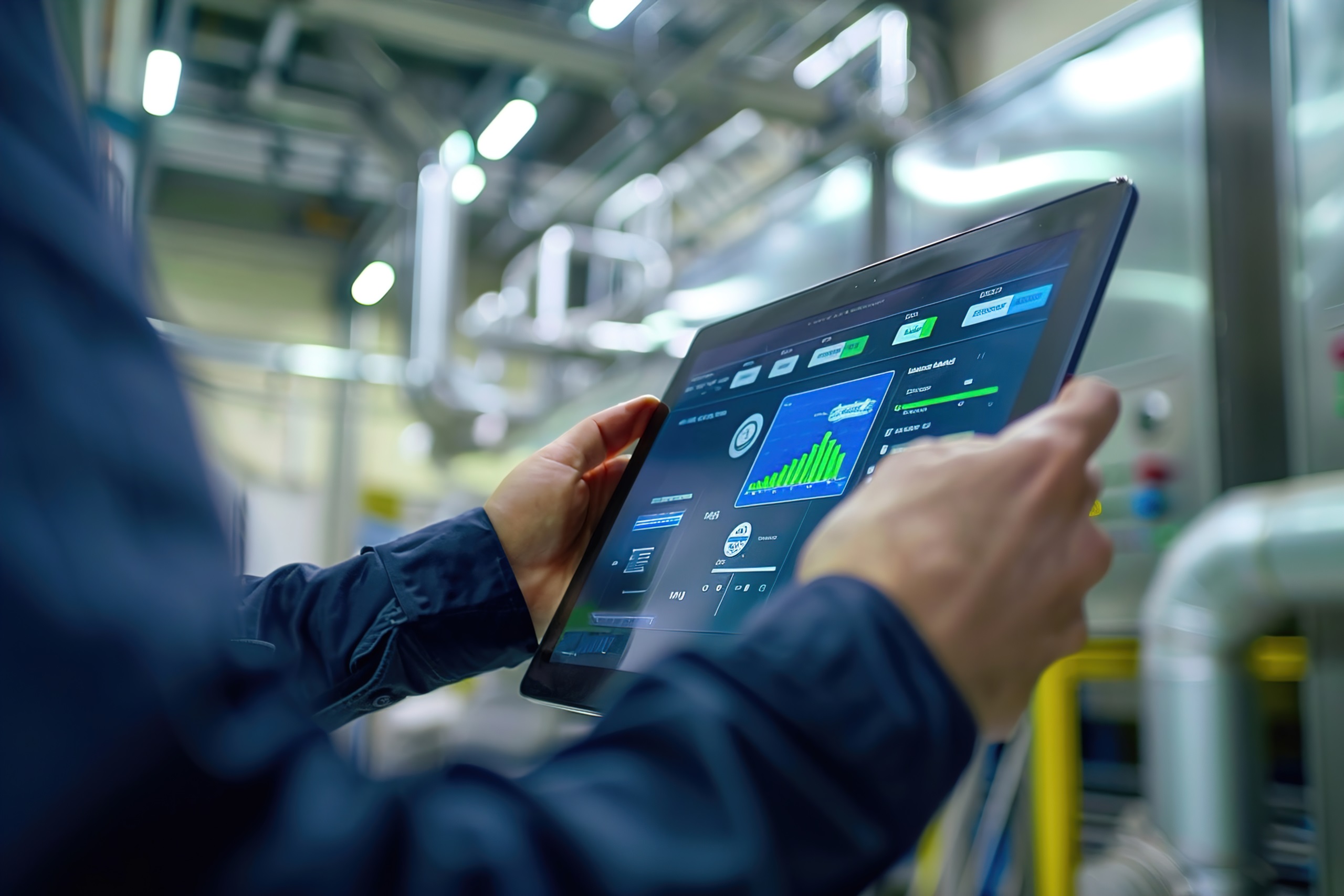 Person analysiert Energieverbrauch und Effizienzkennzahlen auf einem Tablet in einer Industrieumgebung