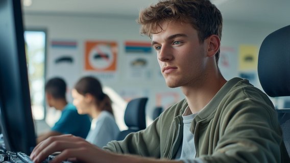 Person bei der theoretischen Führerscheinprüfung am Computer