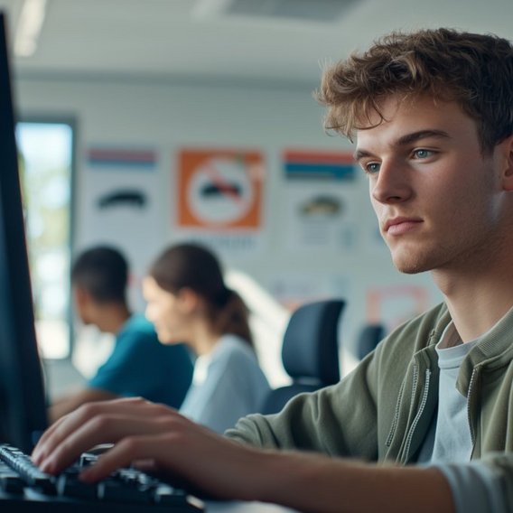 Person bei der theoretischen Führerscheinprüfung am Computer