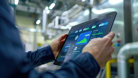 Person analysiert Energieverbrauch und Effizienzkennzahlen auf einem Tablet in einer Industrieumgebung