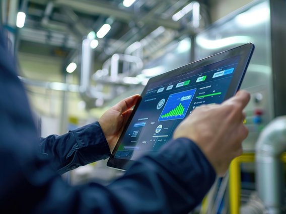 Person analysiert Energieverbrauch und Effizienzkennzahlen auf einem Tablet in einer Industrieumgebung