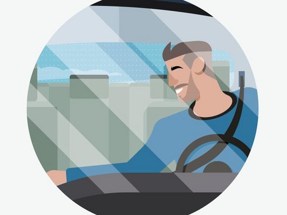 Illustration eines seitlichen Profils eines lächelnden Mannes mit Bart, der ein Auto fährt. Er trägt blaue Kleidung und hat die Hände am Lenkrad.