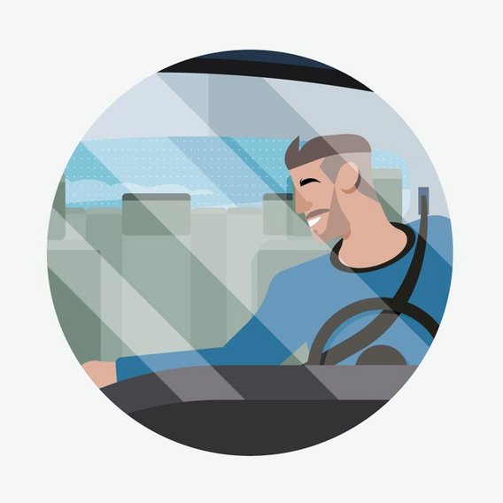 Illustration eines seitlichen Profils eines lächelnden Mannes mit Bart, der ein Auto fährt. Er trägt blaue Kleidung und hat die Hände am Lenkrad.
