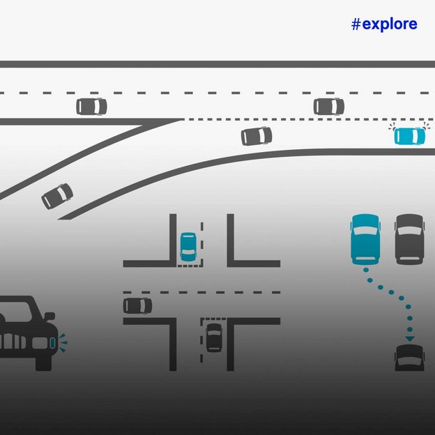 Das Bild zeigt verschiedene Verkehrsszenarien mit Fahrzeugen in türkiser und grauer Farbe. Es illustriert Fahrsituationen wie Spurwechsel, Einparken, Ampelkreuzungen und Autobahnfahrten aus der Vogelperspektive, vermutlich für ein Fahrassistenzsystem oder eine Fahrschulanwendung.