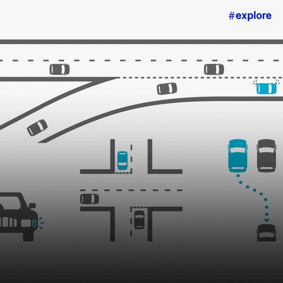 Das Bild zeigt verschiedene Verkehrsszenarien mit Fahrzeugen in türkiser und grauer Farbe. Es illustriert Fahrsituationen wie Spurwechsel, Einparken, Ampelkreuzungen und Autobahnfahrten aus der Vogelperspektive, vermutlich für ein Fahrassistenzsystem oder eine Fahrschulanwendung.