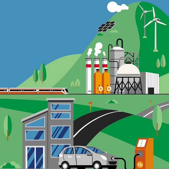 A stylized illustration of a hydrogen-powered car refueling, with renewable energy sources like wind turbines and solar panels in the background.