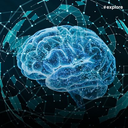 Ein leuchtend blaues digitales Gehirn ist von einem Netzwerk aus Linien und geometrischen Formen umgeben. Das Bild vermittelt Hightech, künstliche Intelligenz und neuronale Verbindungen in einem modernen, datengesteuerten Stil.