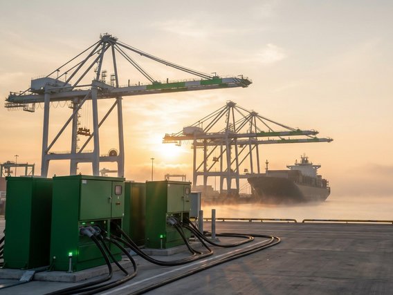Landstrom und Energieversorgung im Hafen Landstromanlagen an einem Containerterminal vor Hafenkränen und einem Frachtschiff. Copyright: Adobe Stock