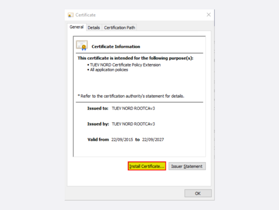 Certificate Import Wizard with selection and highlighted button