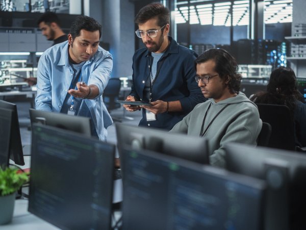 Gruppe von Personen arbeitet in einem modernen Büro mit Computern und Bildschirmen.