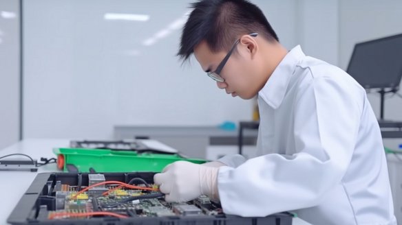 Techniker in Schutzkleidung arbeitet an einer offenen elektronischen Baugruppe im Labor.