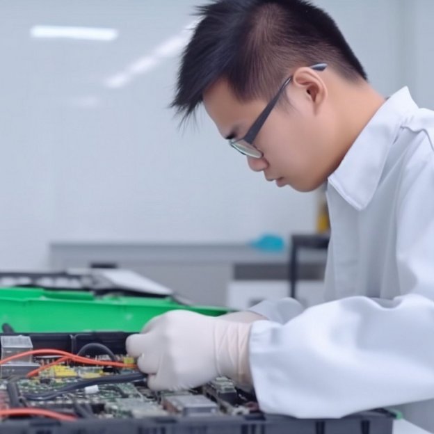 Techniker in Schutzkleidung arbeitet an einer offenen elektronischen Baugruppe im Labor.