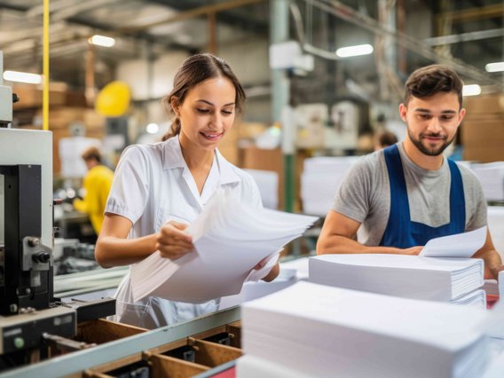 Zwei Personen arbeiten in einer papierverarbeitenden Fabrik. Zwei Personen arbeiten in einer papierverarbeitenden Fabrik.
