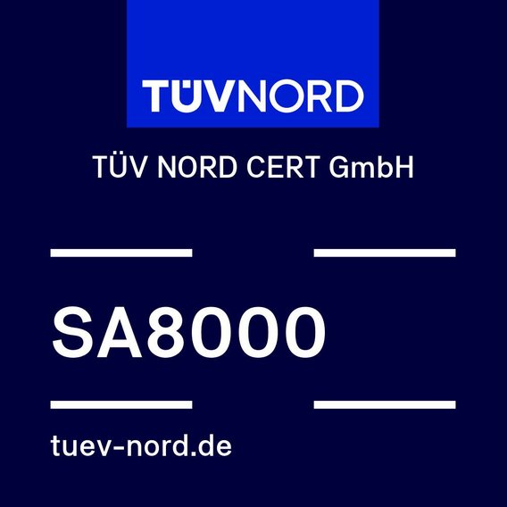 TÜV NORD conformity mark for SA 8000, which confirms compliance with social standards in companies, particularly with regard to labor rights, fair working conditions and social responsibility