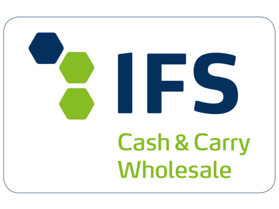 IFS Cash & Carry Wholesale Logo mit drei hexagonalen Symbolen in Blau und Grün