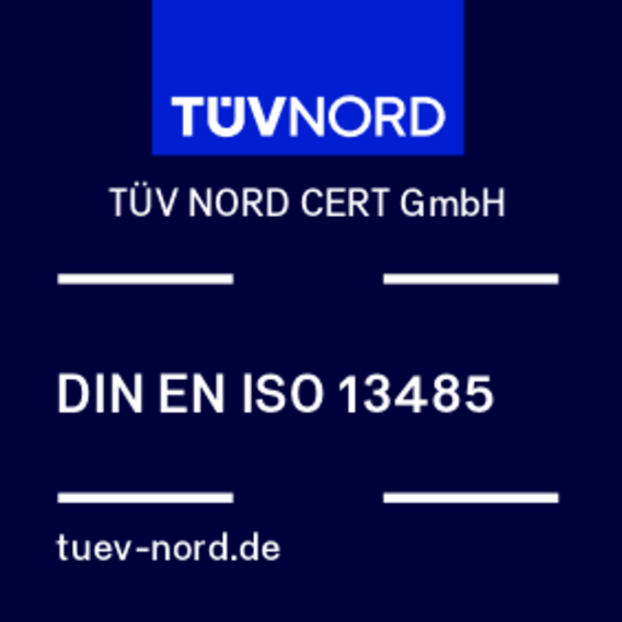 TÜV NORD conformity mark for DIN EN ISO 13485, confirming compliance with quality management standards for medical devices