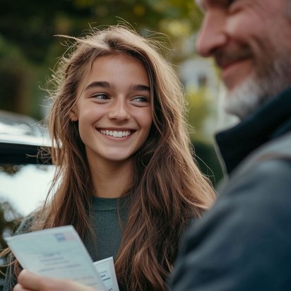 Führerschein mit 17 17-jährige Fahrschülerin bei der Führerscheinprüfung mit Dokumenten