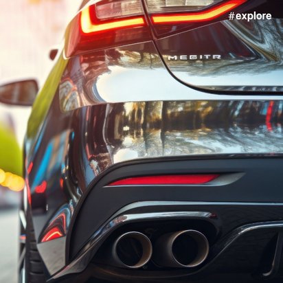 Detailaufnahme des Hecks eines glänzenden schwarzen Sportwagens mit leuchtenden roten LED-Rücklichtern. Im Hintergrund ist eine unscharfe Stadtstraße mit Bäumen und Bokeh-Lichteffekten zu sehen.