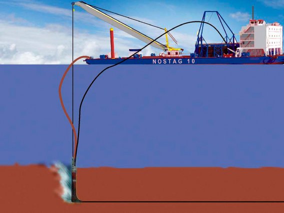  Schematische Darstellung eines Offshore-Bohrschiffs "NOSTAG 10" mit Bohrkabel, das vom Meeresgrund bis zum rotbraunen Sediment am Meeresboden reicht.