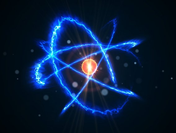 Künstlerische Darstellung eines Atoms mit leuchtend blauen Elektronenbahnen, die um einen orangefarbenen Kern kreisen, vor dunklem Hintergrund mit Sternen.