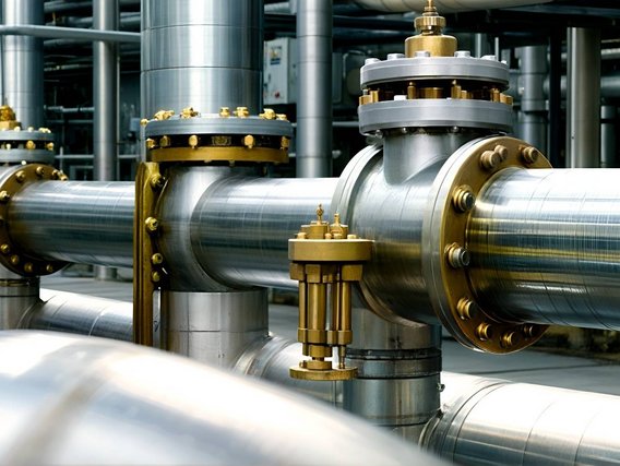 Industrielle Rohrleitungen und Ventile aus Edelstahl mit goldfarbenen Verschraubungen in einer Energieanlage.