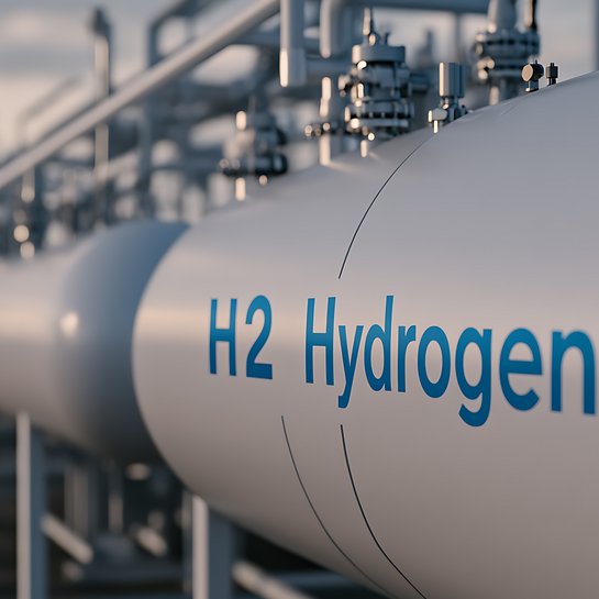 Nahaufnahme einer Wasserstoff-Pipeline mit der Aufschrift "H2 Hydrogen" im Industrieumfeld