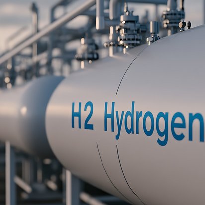Wasserstoff-Pipeline – TÜV NORD begleitet die sichere H2-Infrastruktur Nahaufnahme einer Wasserstoff-Pipeline mit der Aufschrift "H2 Hydrogen" im Industrieumfeld