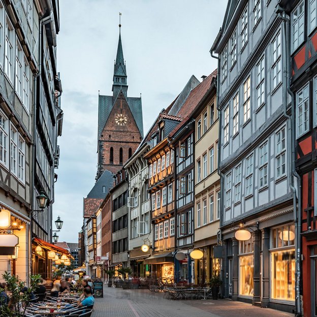 Straßenansicht von Hannover mit Fachwerkhäusern und der Stadtkirche im Hintergrund