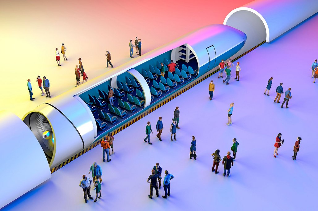 Ein durchsichtiger Hyperloop-Zug mit blauen Sitzen steht in einer Station, umgeben von wartenden Passagieren auf einer violett beleuchteten Plattform. Der röhrenförmige Zug zeigt das Konzept eines futuristischen Hochgeschwindigkeitstransportsystems.