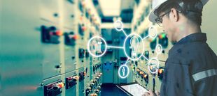 Double exposure of Engineer or Technician man using tablet in switch gear electrical room oil and gas platform or plant industrial with tools icon, business and electrical industry concept
