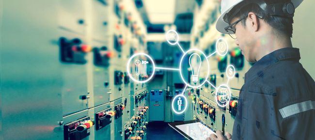 Double exposure of Engineer or Technician man using tablet in switch gear electrical room oil and gas platform or plant industrial with tools icon, business and electrical industry concept