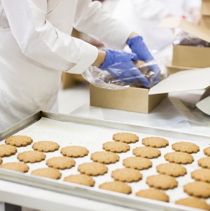 Arbeiterin verpackt Kekse in eine Schachtel. Sie trägt blaue Handschuhe.