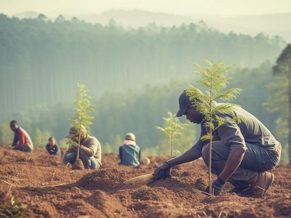 Arbeiter pflanzen Bäume im Rahmen eines Wiederaufforstungsprojekts