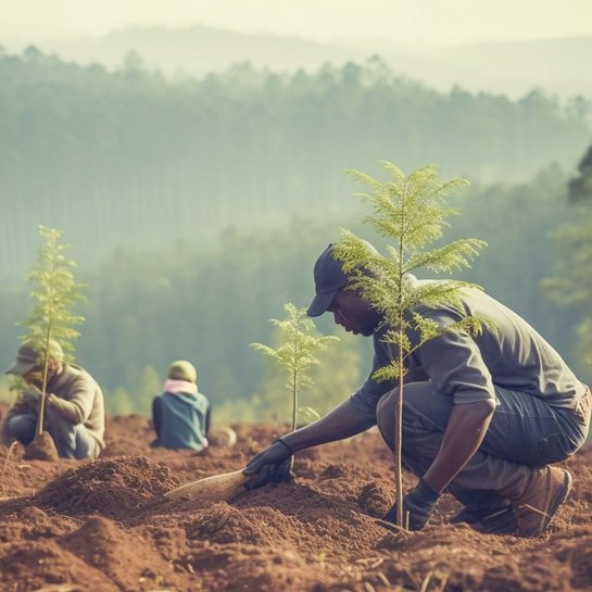 Workers planting trees for an afforestation project.