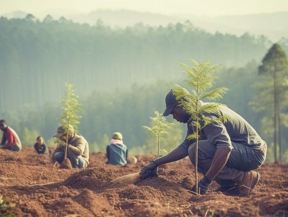 "Workers are planting trees as part of a reforestation project