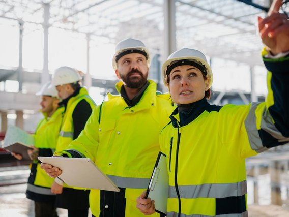Vier Arbeiter:innen mit Helmen