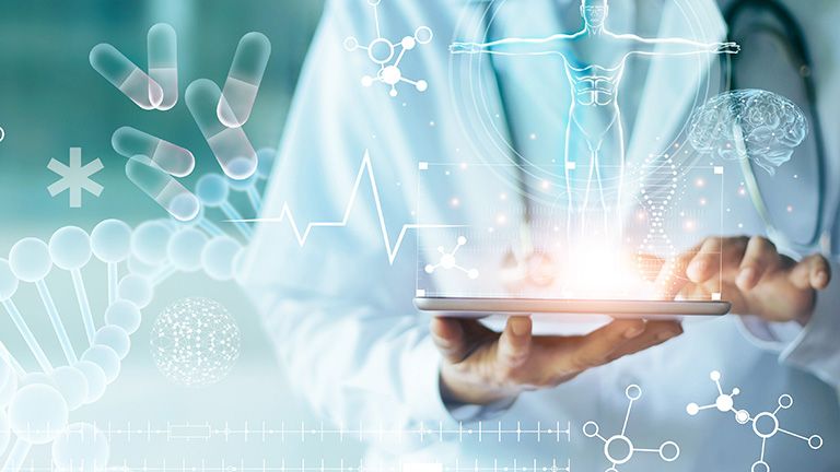 Medicine doctor touching electronic medical record on tablet. DNA. Digital healthcare and network connection on hologram modern virtual screen interface, medical technology and network concept.