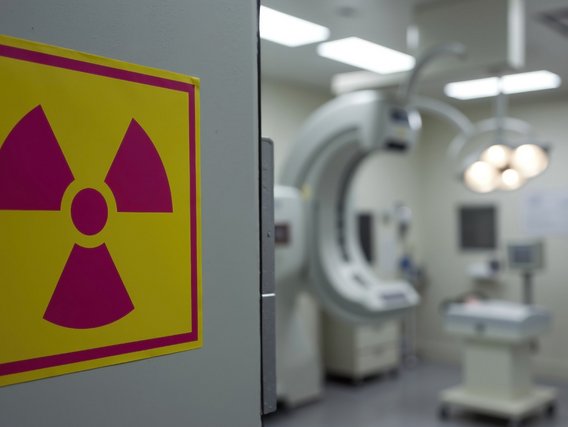 Strahlenschutz in der Radiologie – Warnschild vor einem Röntgenraum Warnschild für ionisierende Strahlung an der Tür eines medizinischen Röntgenraums