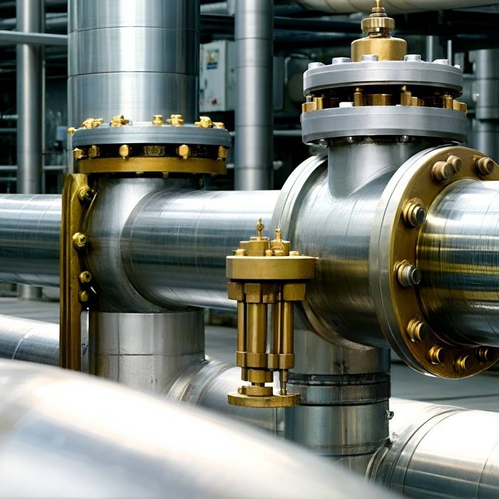 Industrielle Rohrleitungen und Ventile aus Edelstahl mit goldfarbenen Verschraubungen in einer Energieanlage.