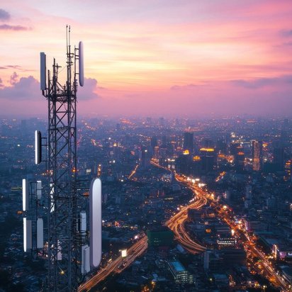 Transmission tower in front of metropolitan panorama