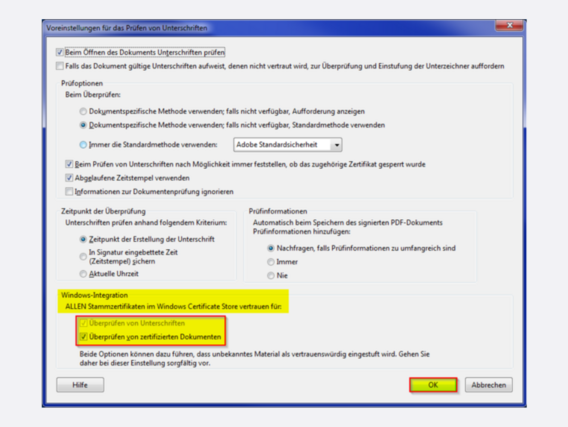 Windows-Standardeinstellungen für die Überprüfung von Unterschriften mit hervorgehobenen Elementen