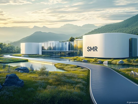 Modernes Gebäude eines Small Modular Reactor (SMR) inmitten einer grünen Landschaft mit Wald und Bergen