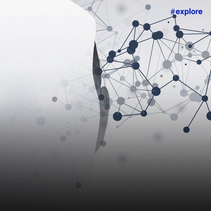 Ein abstraktes Netzwerk mit verbundenen Punkten und einem hellen Kreis in der Mitte, der von einer dunklen Linie geteilt wird. Die dunkel- und hellgrauen Knoten bilden komplexe Strukturen auf einem Farbverlaufshintergrund.